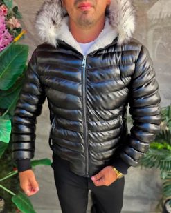 Alternative view of Geaca de iarna groasa, neagra, din piele, cu blana la gluga - GC165