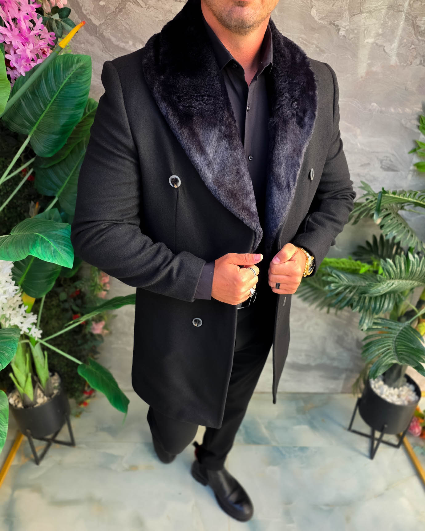 Palton de bărbați, Slim Fit, Negru cu nasturi - PT503 - imagine 4