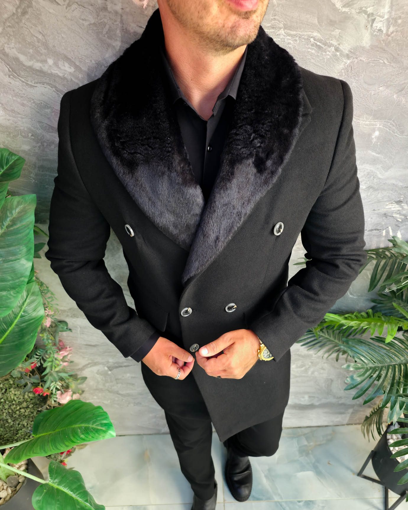 Palton de bărbați, Slim Fit, Negru cu nasturi - PT503 - imagine 5