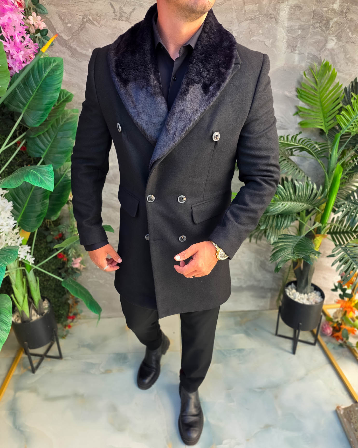 Palton de bărbați, Slim Fit, Negru cu nasturi - PT503 - imagine 2