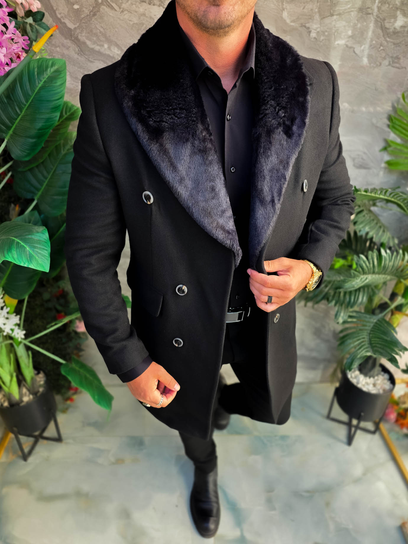 Palton de bărbați, Slim Fit, Negru cu nasturi - PT503 - imagine 3