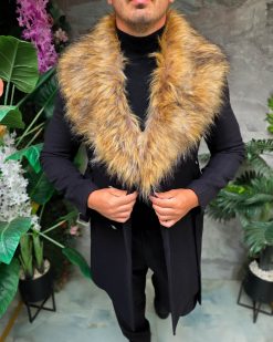 Palton lung bărbătesc negru cu guler din blană - PT507