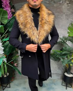 Alternative view of Palton lung bărbătesc negru cu guler din blană - PT507