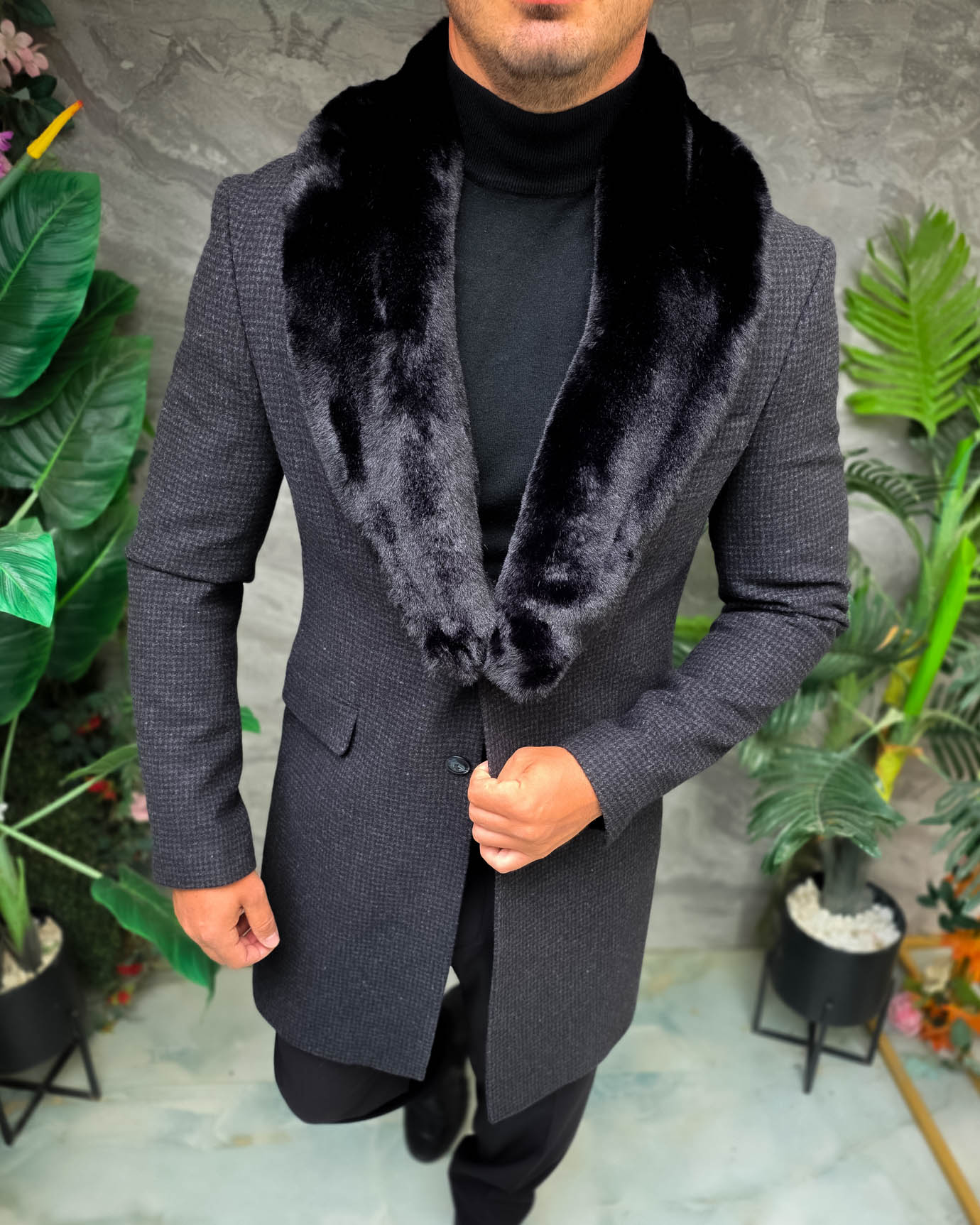 Palton lung bărbătesc gri închis texturat cu guler din blană neagră - PT513 - imagine 5