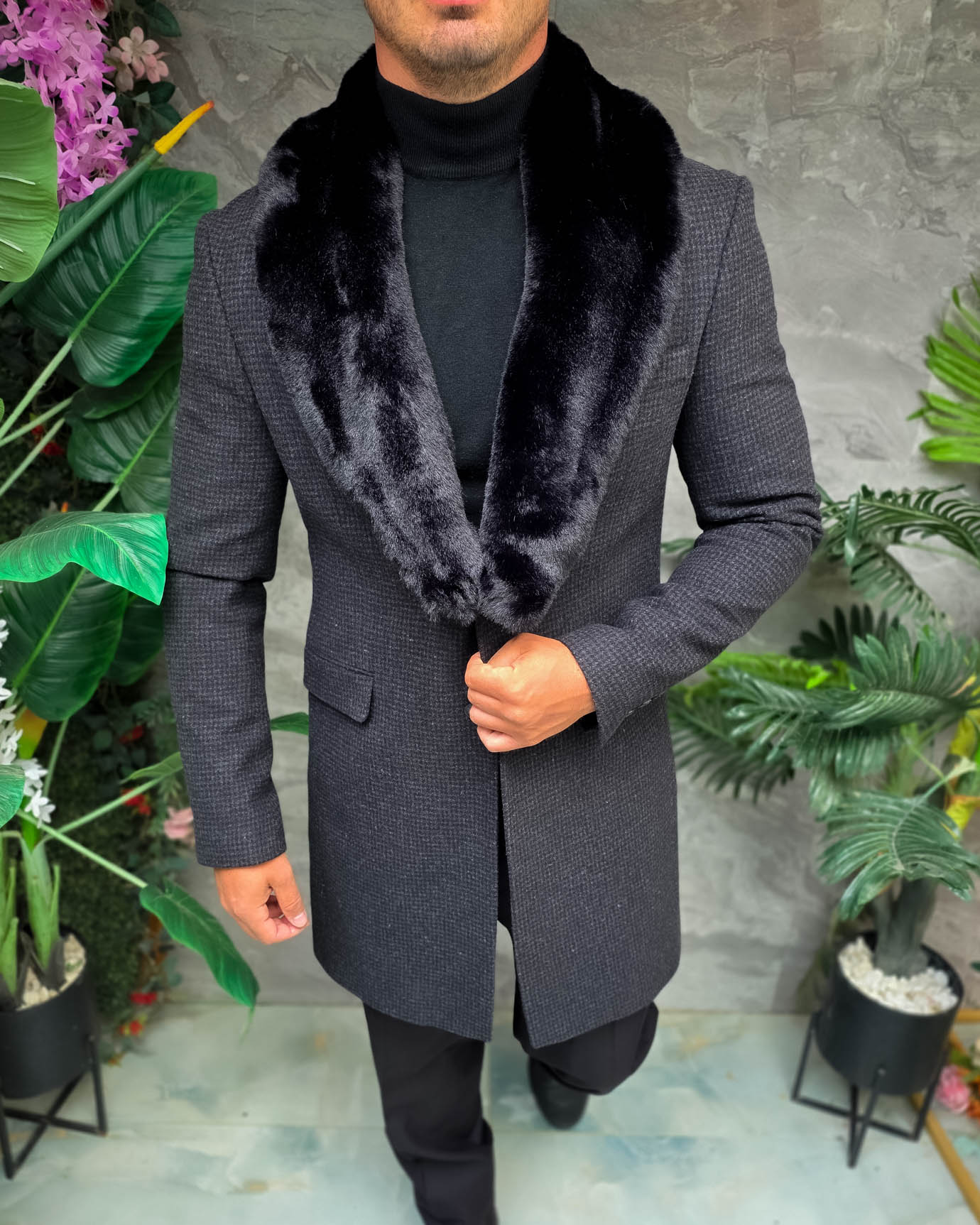 Palton lung bărbătesc gri închis texturat cu guler din blană neagră - PT513 - imagine 6