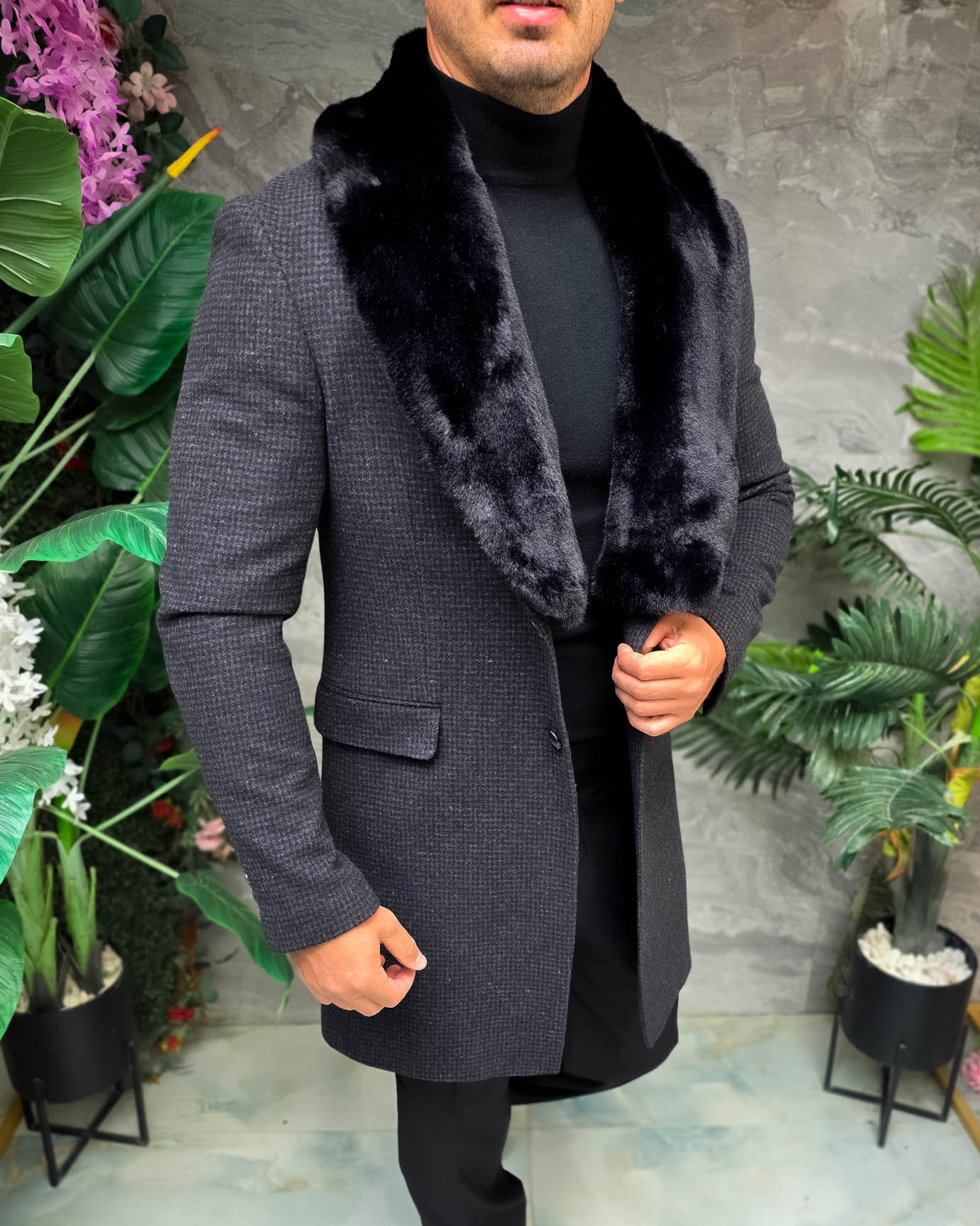 Palton lung bărbătesc gri închis texturat cu guler din blană neagră - PT513 - imagine 7