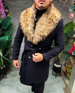 Palton lung bărbătesc negru cu guler din blană maro - PT511