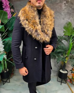 Alternative view of Palton lung bărbătesc negru cu guler din blană maro - PT511