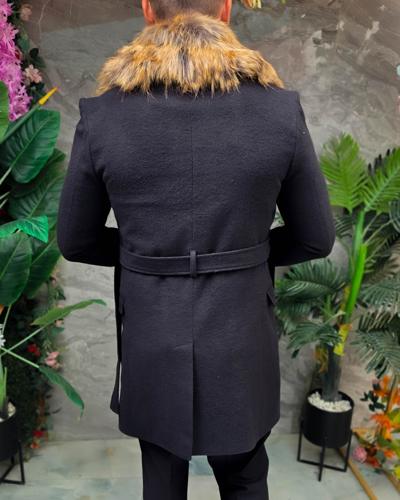 Palton lung bărbătesc negru cu guler din blană maro - PT511 - imagine 6