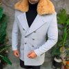 Palton lung bărbătesc gri cu guler din blană camel - PT506