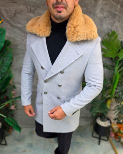 Palton lung bărbătesc gri cu guler din blană camel - PT506