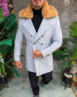 Alternative view of Palton lung bărbătesc gri cu guler din blană camel - PT506
