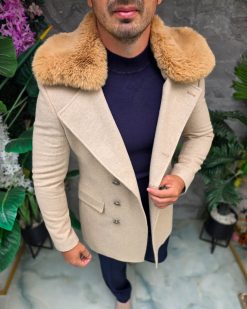 Alternative view of Palton lung bărbătesc bej cu guler din blană camel - PT508