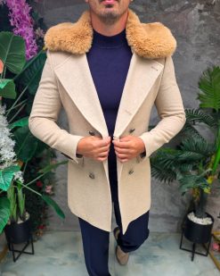 Palton lung bărbătesc bej cu guler din blană camel - PT508