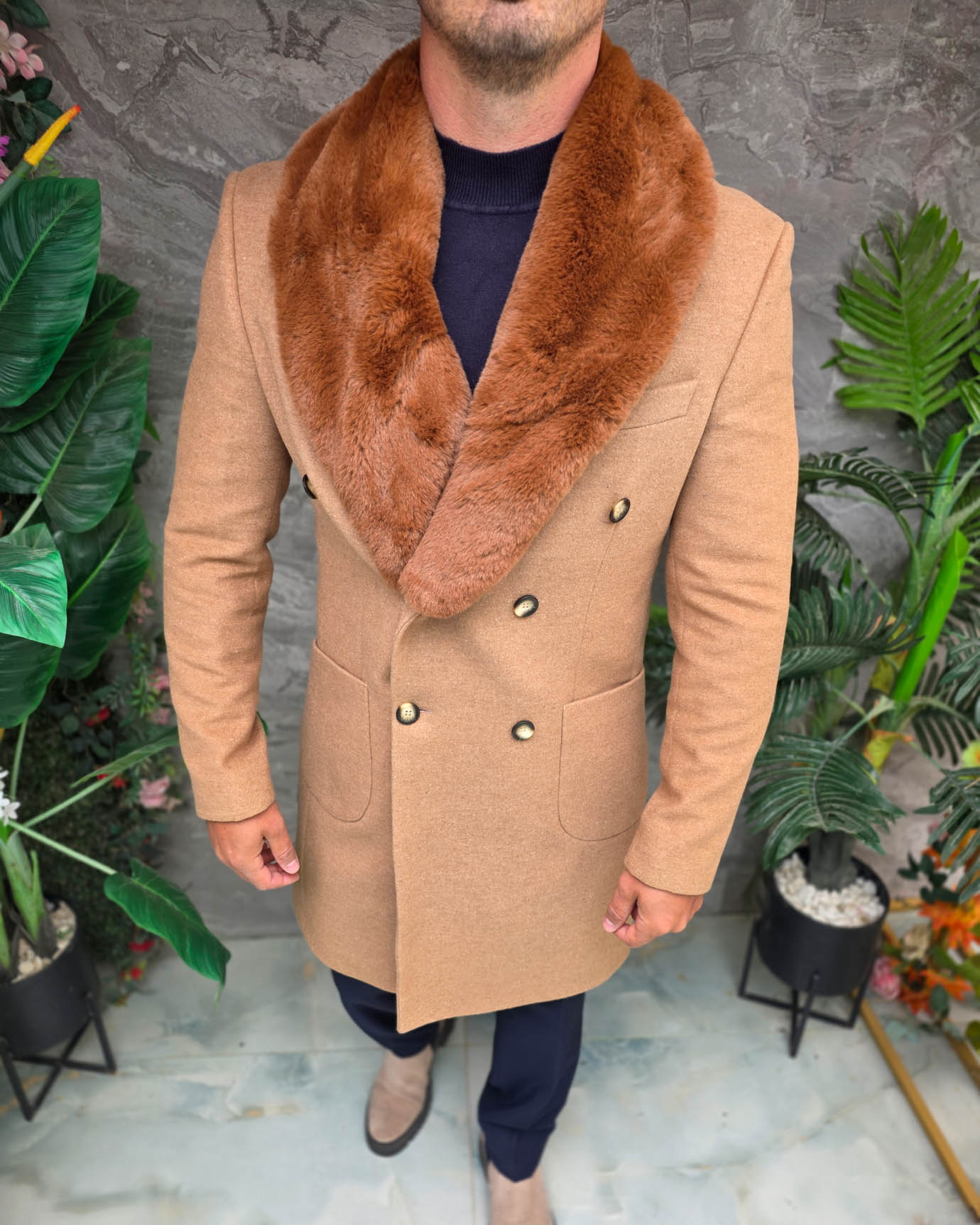 Palton lung bărbătesc camel cu guler din blană eco maro - PT512 - imagine 6