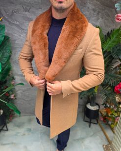 Alternative view of Palton de bărbați slim-fit cu blana la guler - culoare camel - PT505