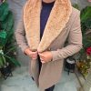 Palton lung bărbătesc maro deschis cu guler din blană camel - PT510