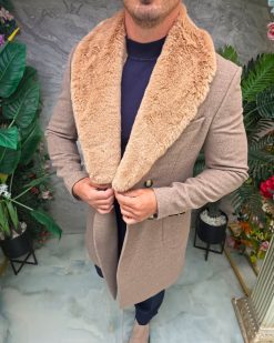 Palton lung bărbătesc maro deschis cu guler din blană camel - PT510