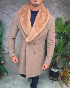 Alternative view of Palton lung bărbătesc maro deschis cu guler din blană camel - PT510