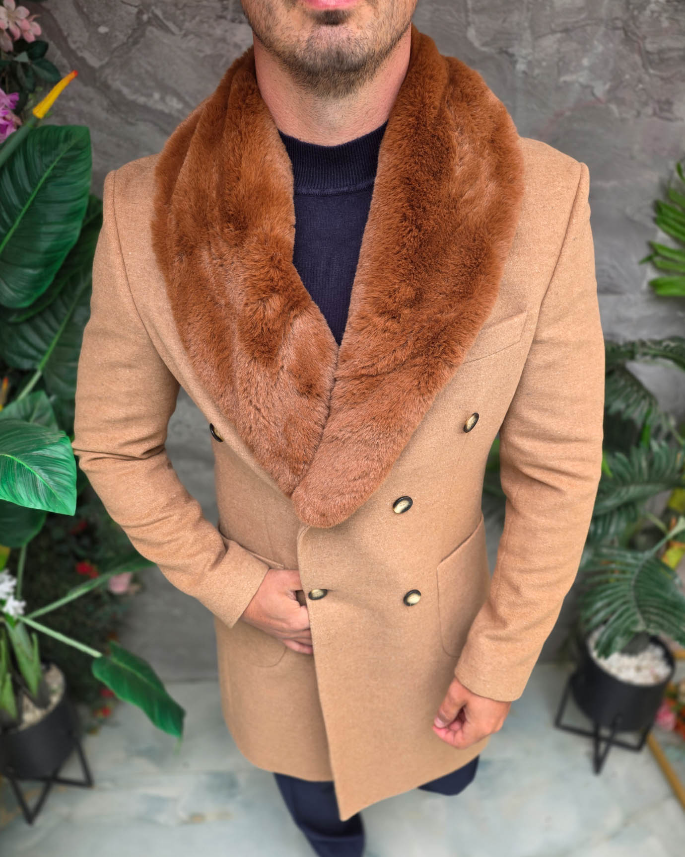 Palton lung bărbătesc camel cu guler din blană eco maro - PT512 - imagine 8