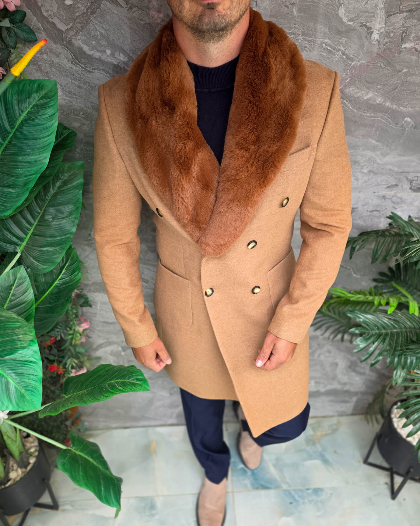 Palton lung bărbătesc camel cu guler din blană eco maro - PT512 - imagine 3