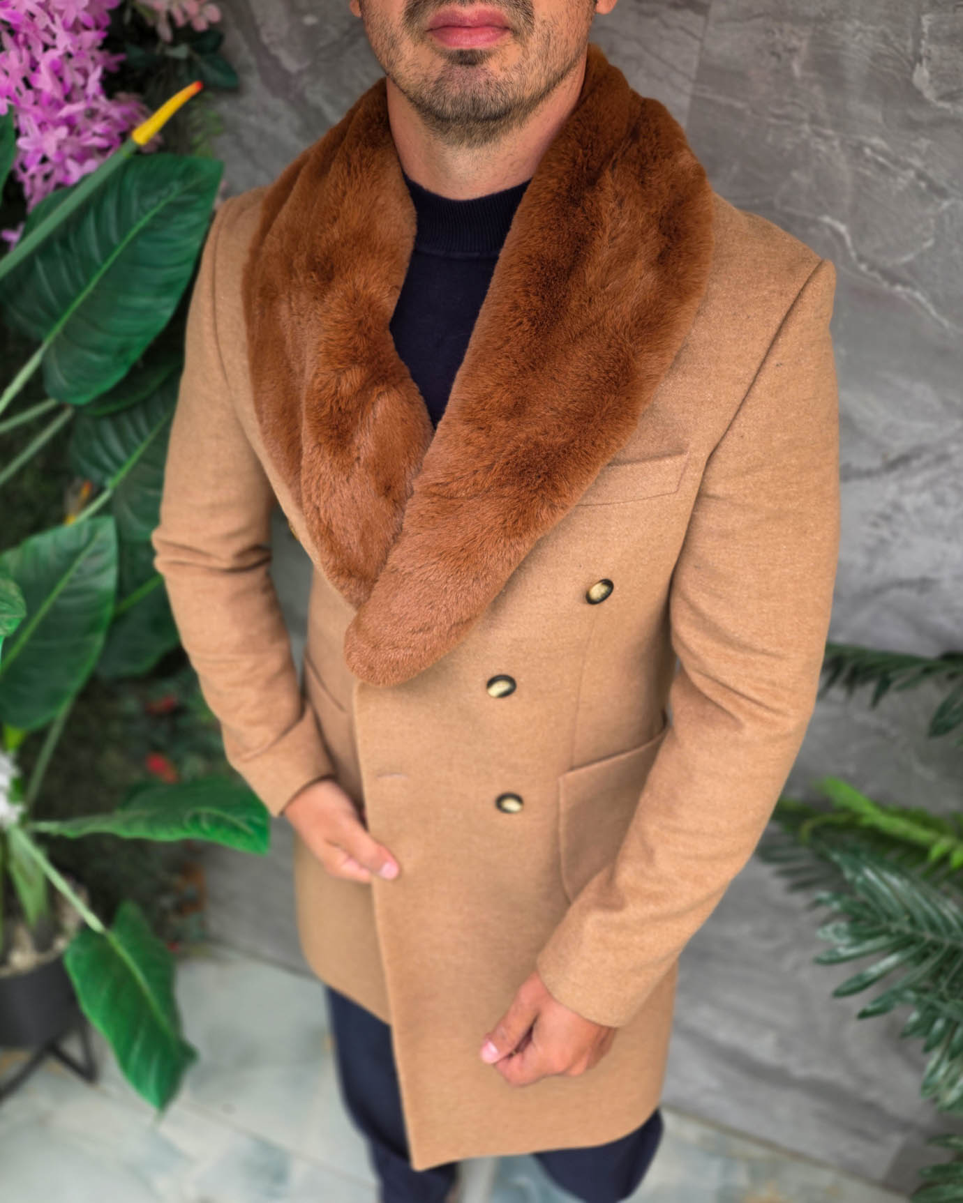 Palton lung bărbătesc camel cu guler din blană eco maro - PT512 - imagine 4