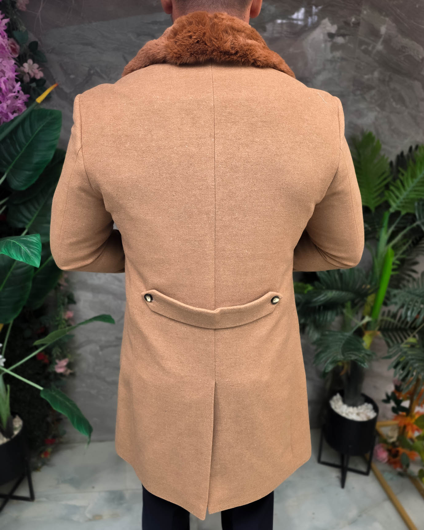 Palton lung bărbătesc camel cu guler din blană eco maro - PT512 - imagine 9