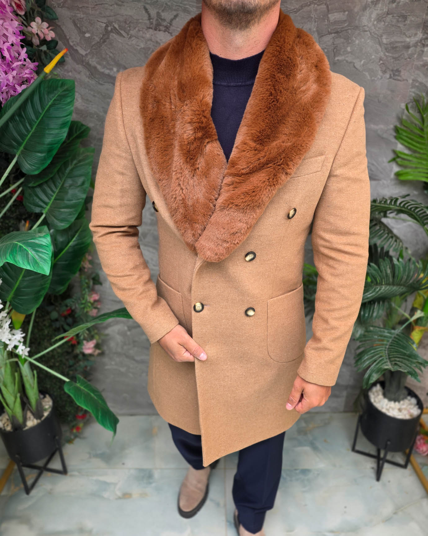 Palton lung bărbătesc camel cu guler din blană eco maro - PT512 - imagine 5