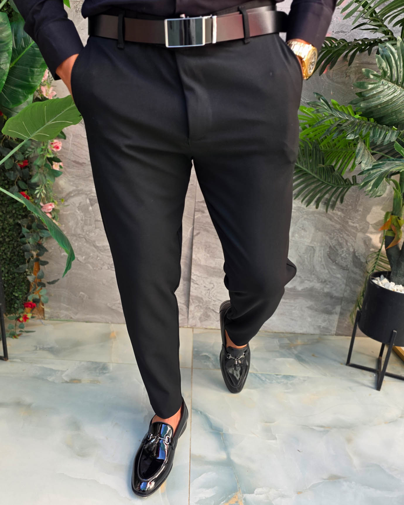 Pantaloni negri, elastici, croiala conica - PN858 - imagine 3