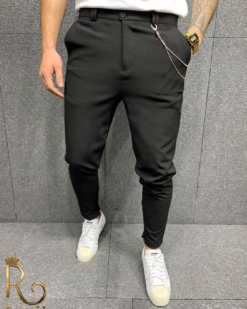 Pantaloni Casual de bărbați, Negri, Slim Fit, Conici cu lanț - PNT103
