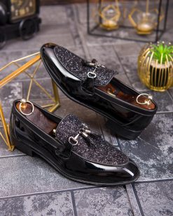 Loafers bărbătești eleganți cu ciucuri – negru lucios & glitter - P1910