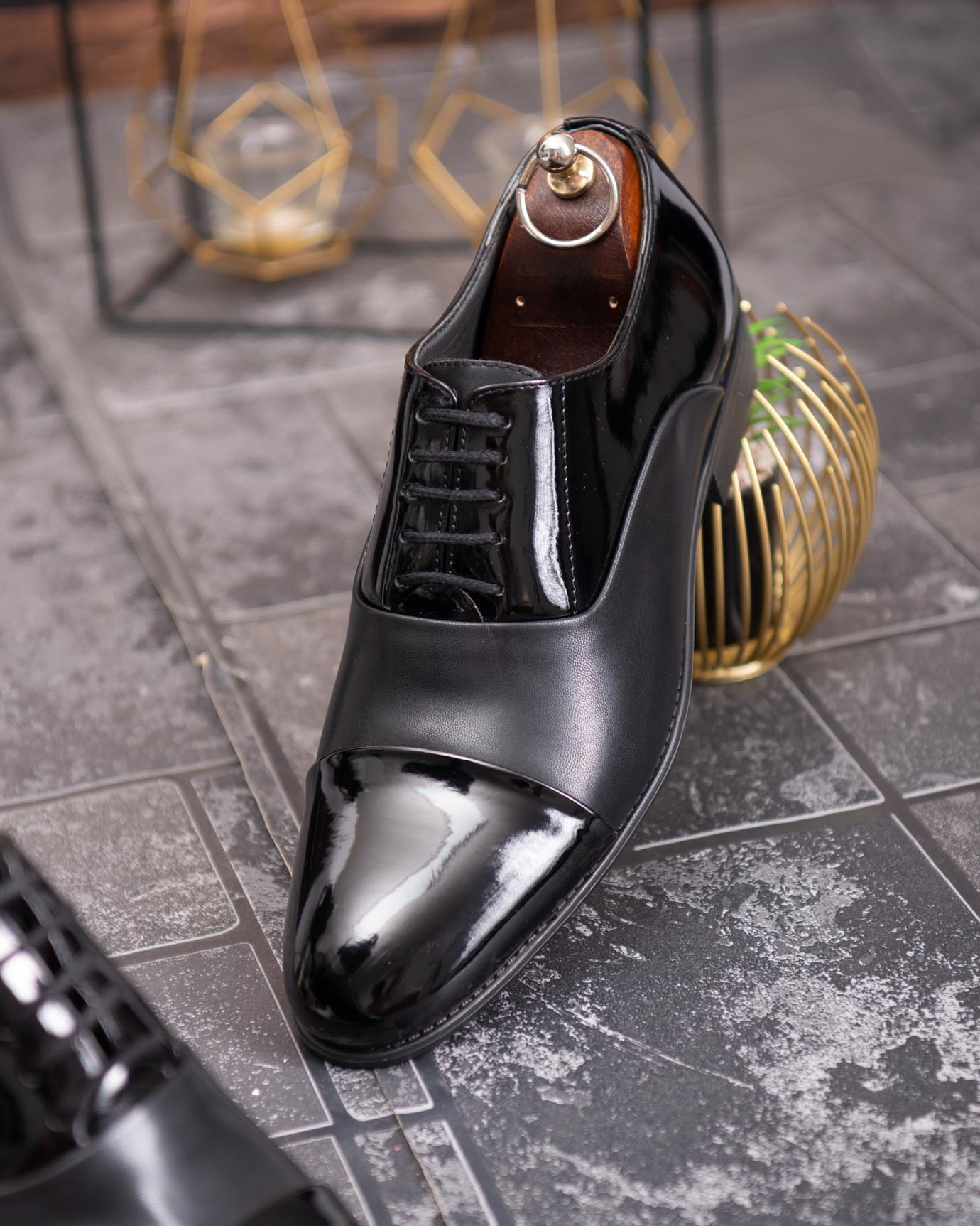 Pantofi bărbătești eleganți Cap Toe – Piele lacuită negru - P1913 - imagine 2