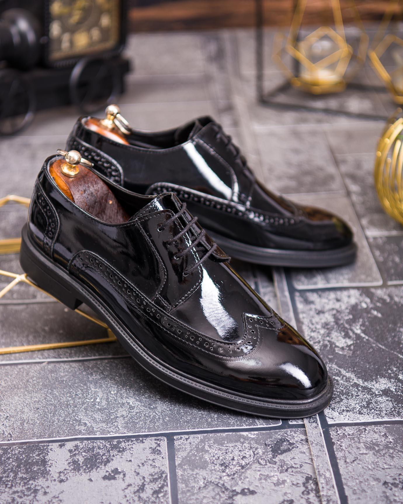 Pantofi bărbătești eleganți Oxford Brogue – lacuit negru - P1914 - imagine 3