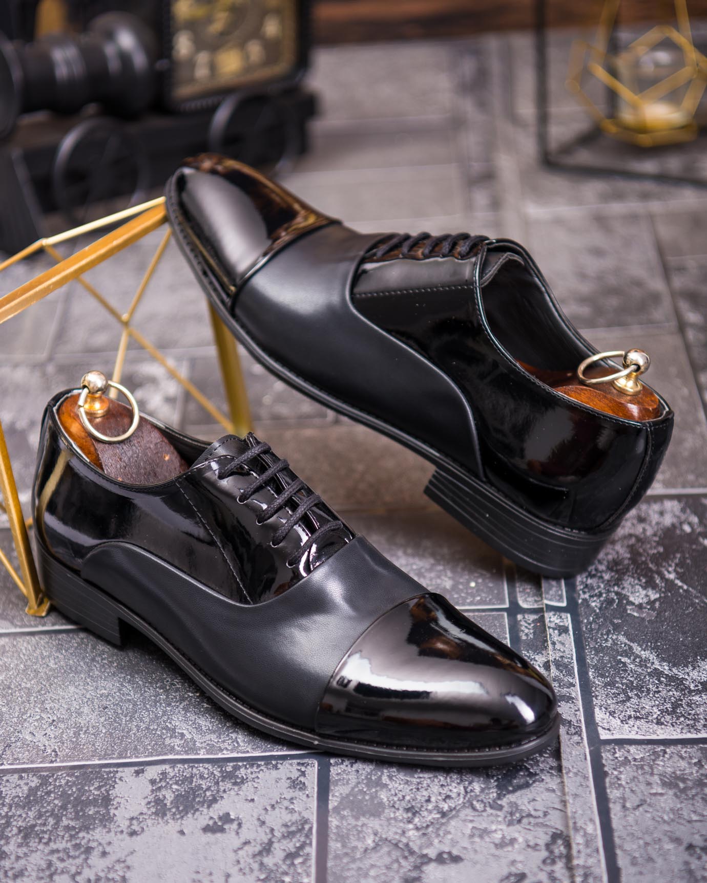 Pantofi bărbătești eleganți Cap Toe – Piele lacuită negru - P1913 - imagine 8