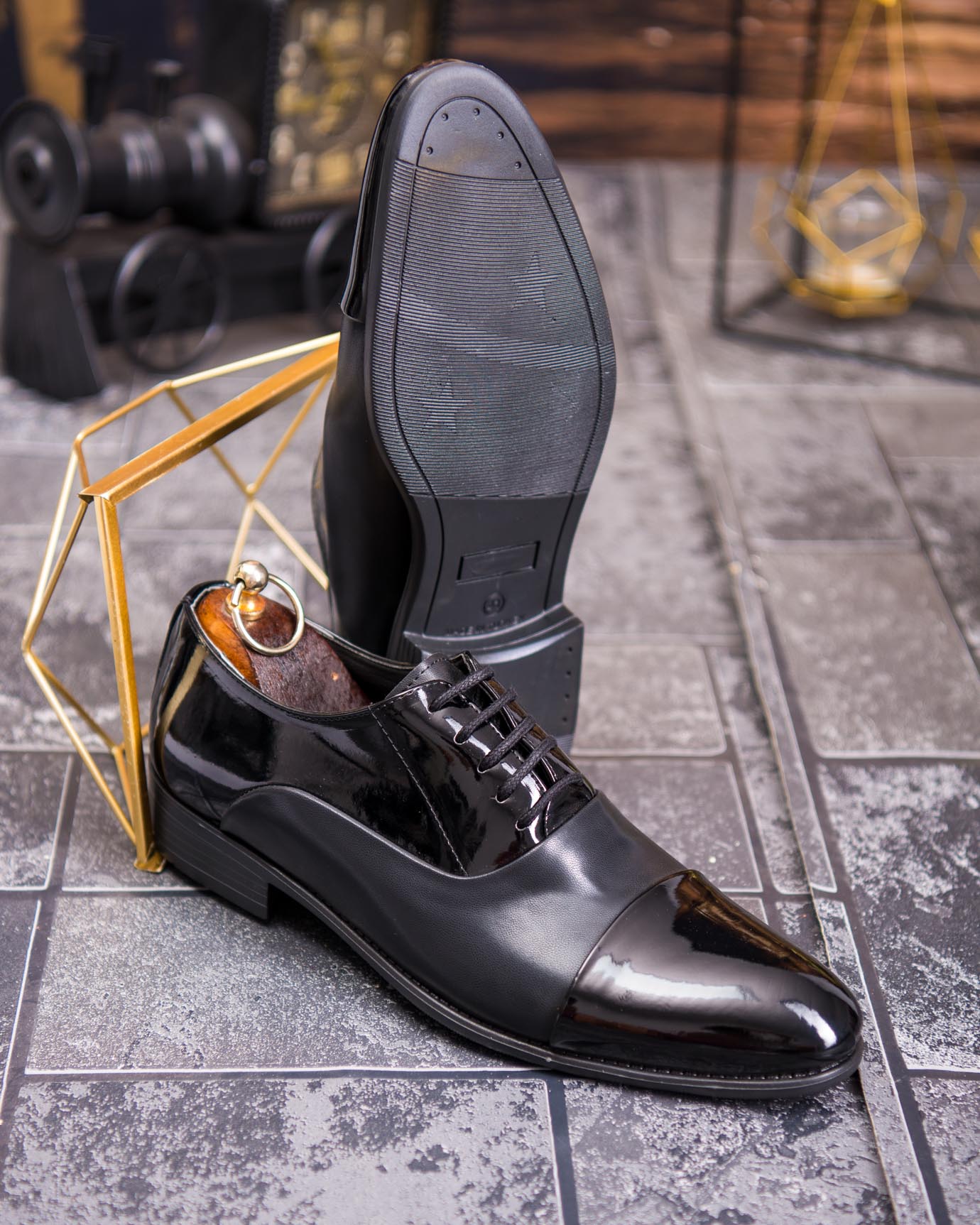 Pantofi bărbătești eleganți Cap Toe – Piele lacuită negru - P1913 - imagine 7