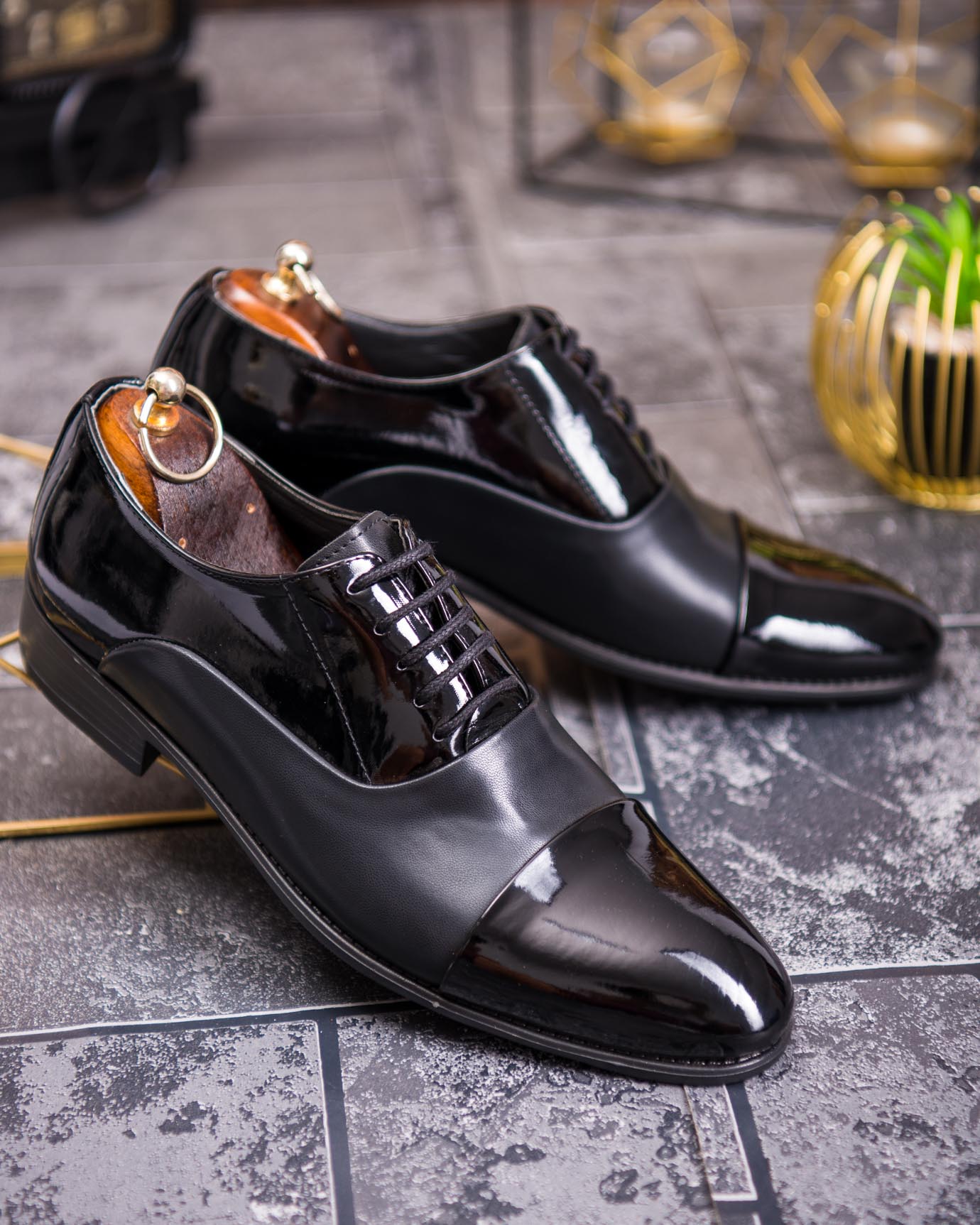 Pantofi bărbătești eleganți Cap Toe – Piele lacuită negru - P1913 - imagine 4