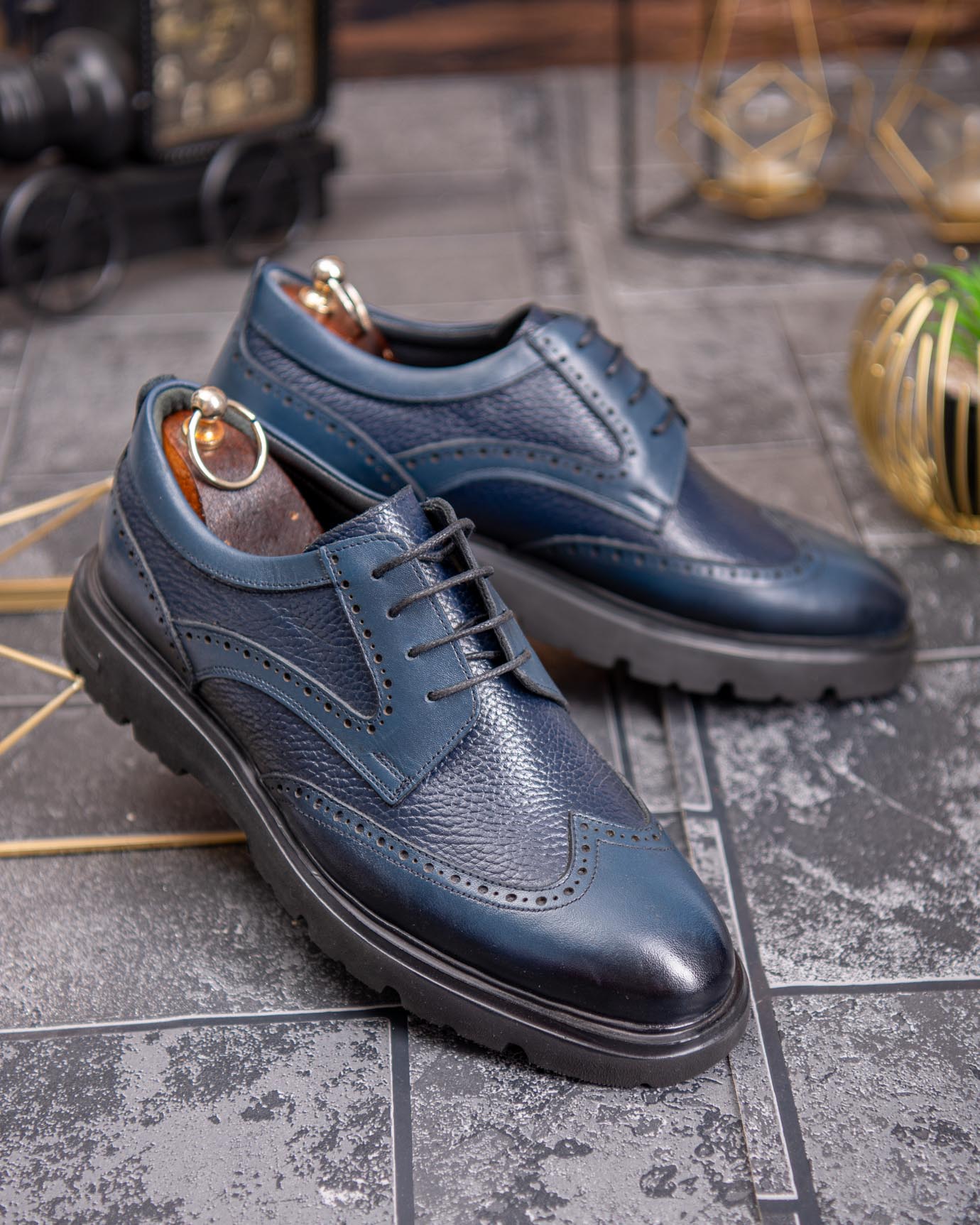 Pantofi bărbătești din piele naturală – Bleumarin cu detalii brogue - P1906 - imagine 7