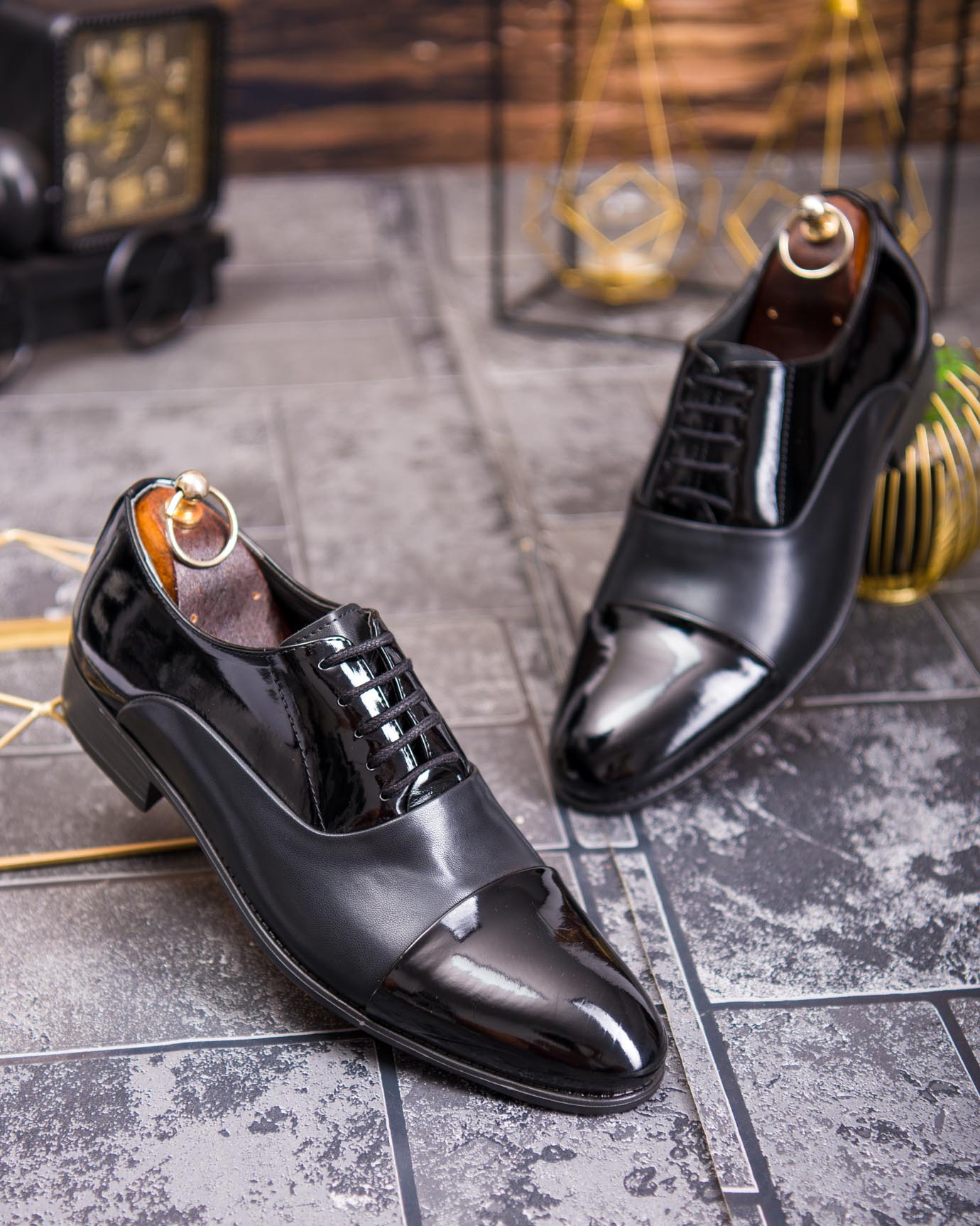 Pantofi bărbătești eleganți Cap Toe – Piele lacuită negru - P1913 - imagine 3