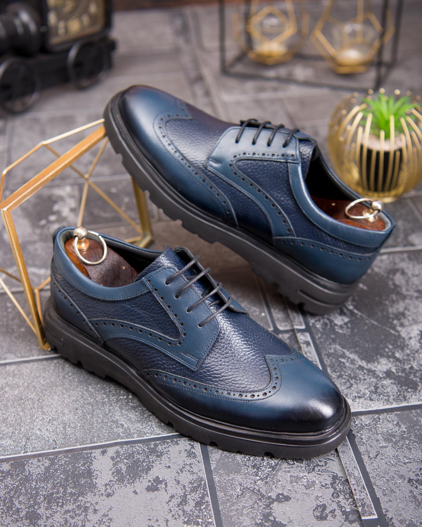 Pantofi bărbătești din piele naturală – Bleumarin cu detalii brogue - P1906 - imagine 2