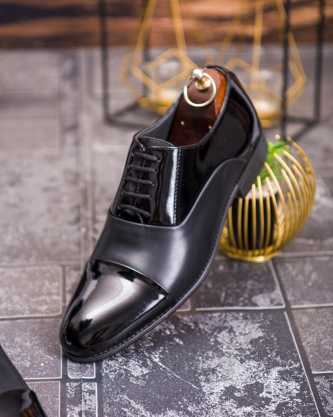 Pantofi bărbătești eleganți Cap Toe – Piele lacuită negru - P1913 - imagine 5