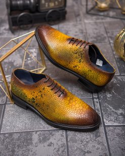 Pantofi de barbati, galben mustar/maro, din piele naturala- P1888