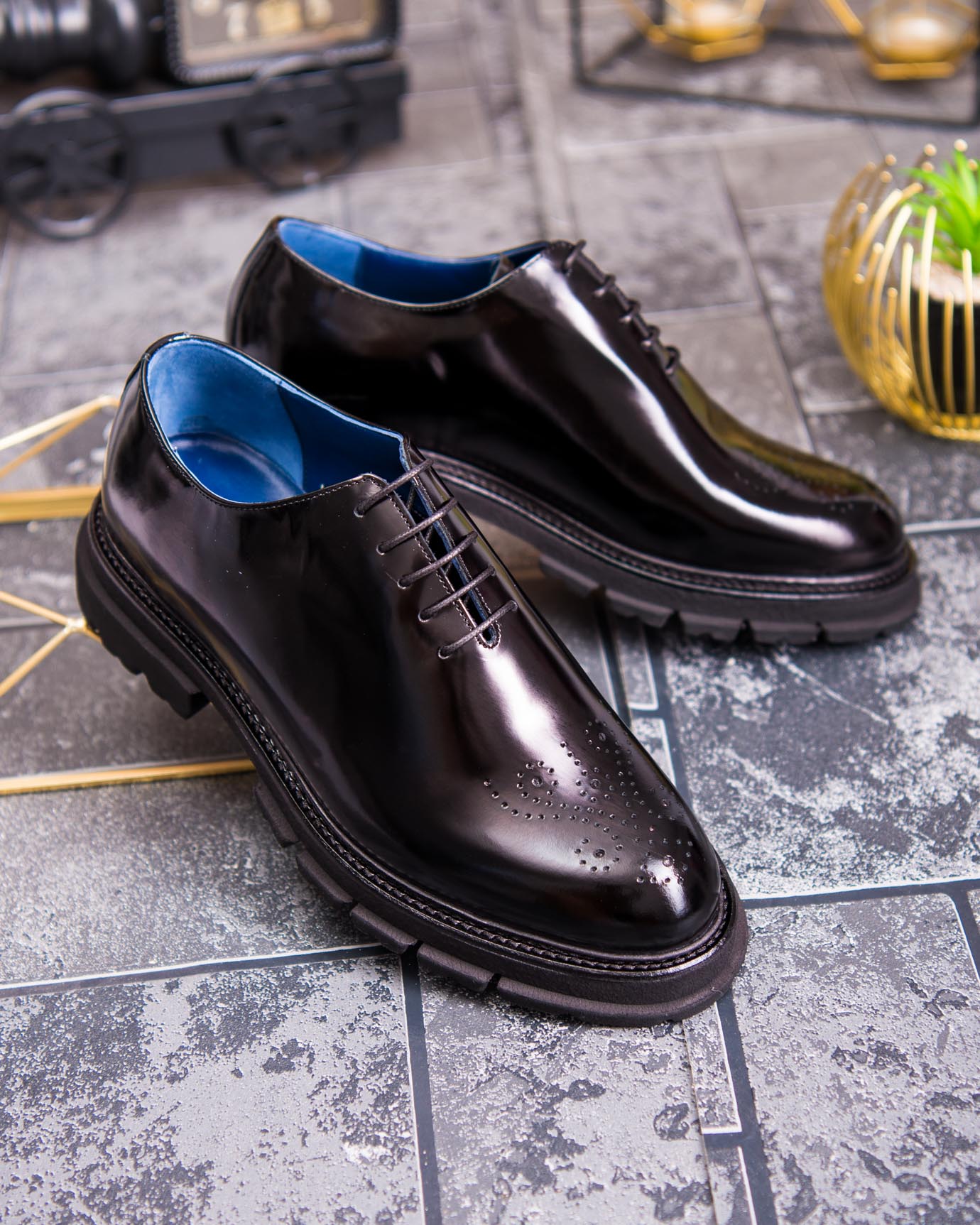 Pantofi de barbati, negri, din piele naturala cu talpa înalta, cu model- P1898 - imagine 5