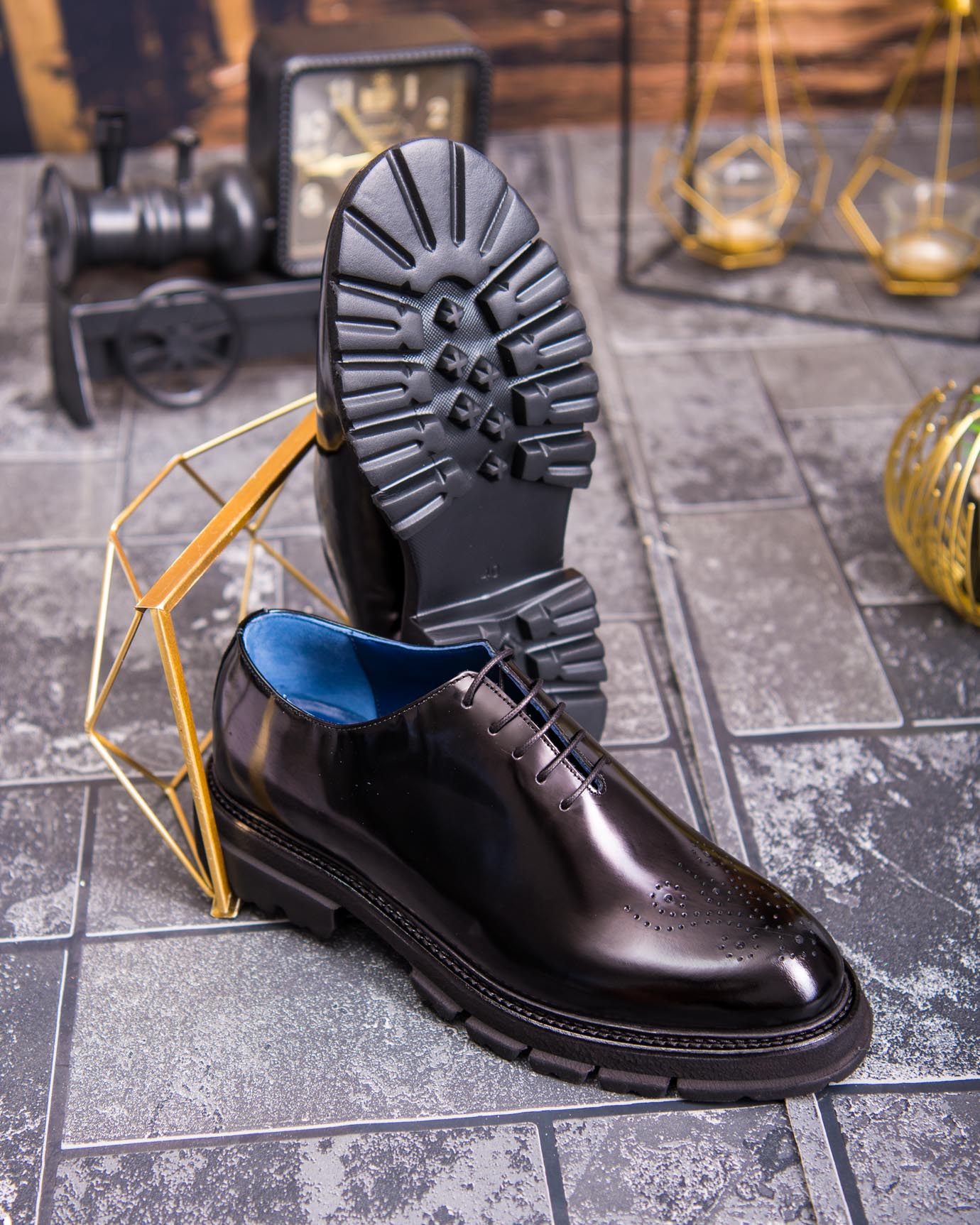 Pantofi de barbati, negri, din piele naturala cu talpa înalta, cu model- P1898 - imagine 7