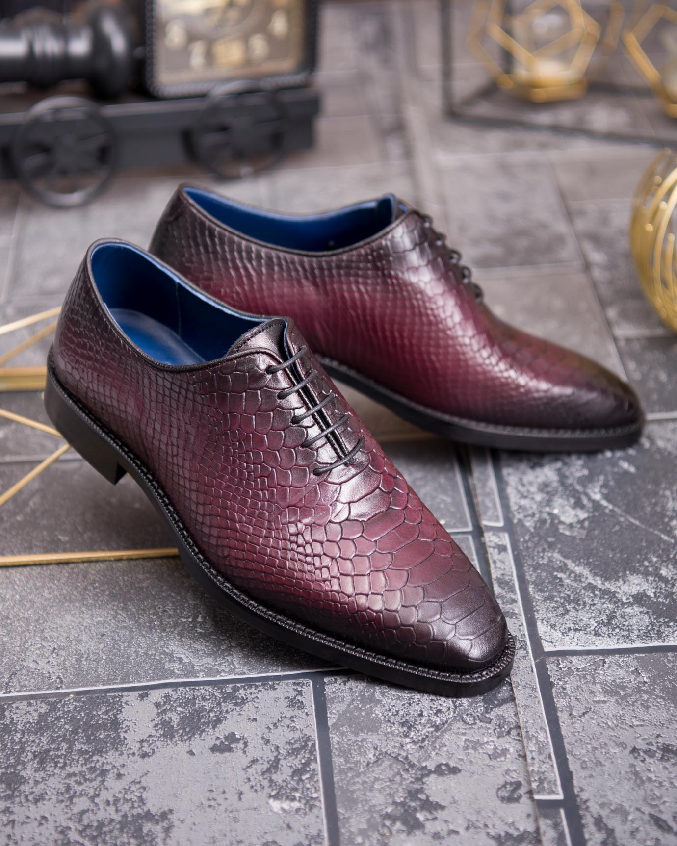 Pantofi de barbati, bordo/negru, din piele naturala cu model croc - P1896 - imagine 3