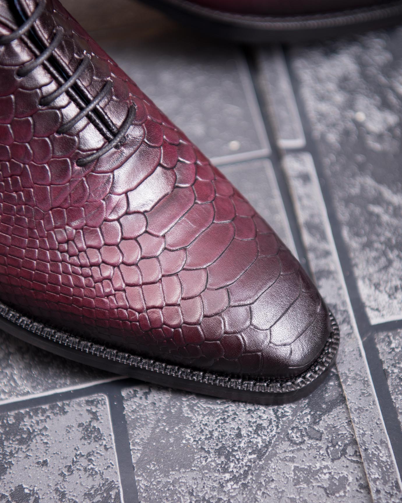 Pantofi de barbati, bordo/negru, din piele naturala cu model croc - P1896 - imagine 2