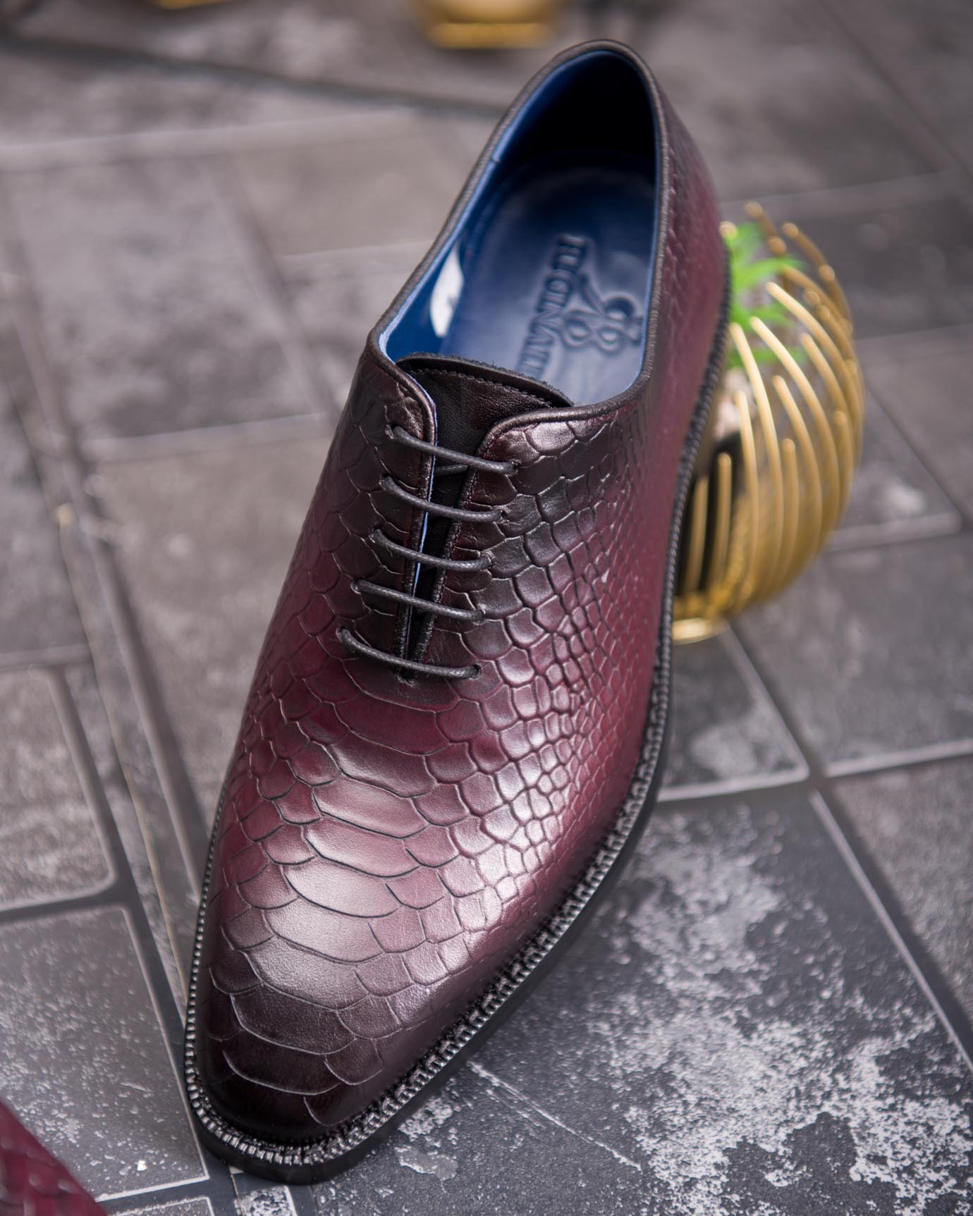 Pantofi de barbati, bordo/negru, din piele naturala cu model croc - P1896 - imagine 5