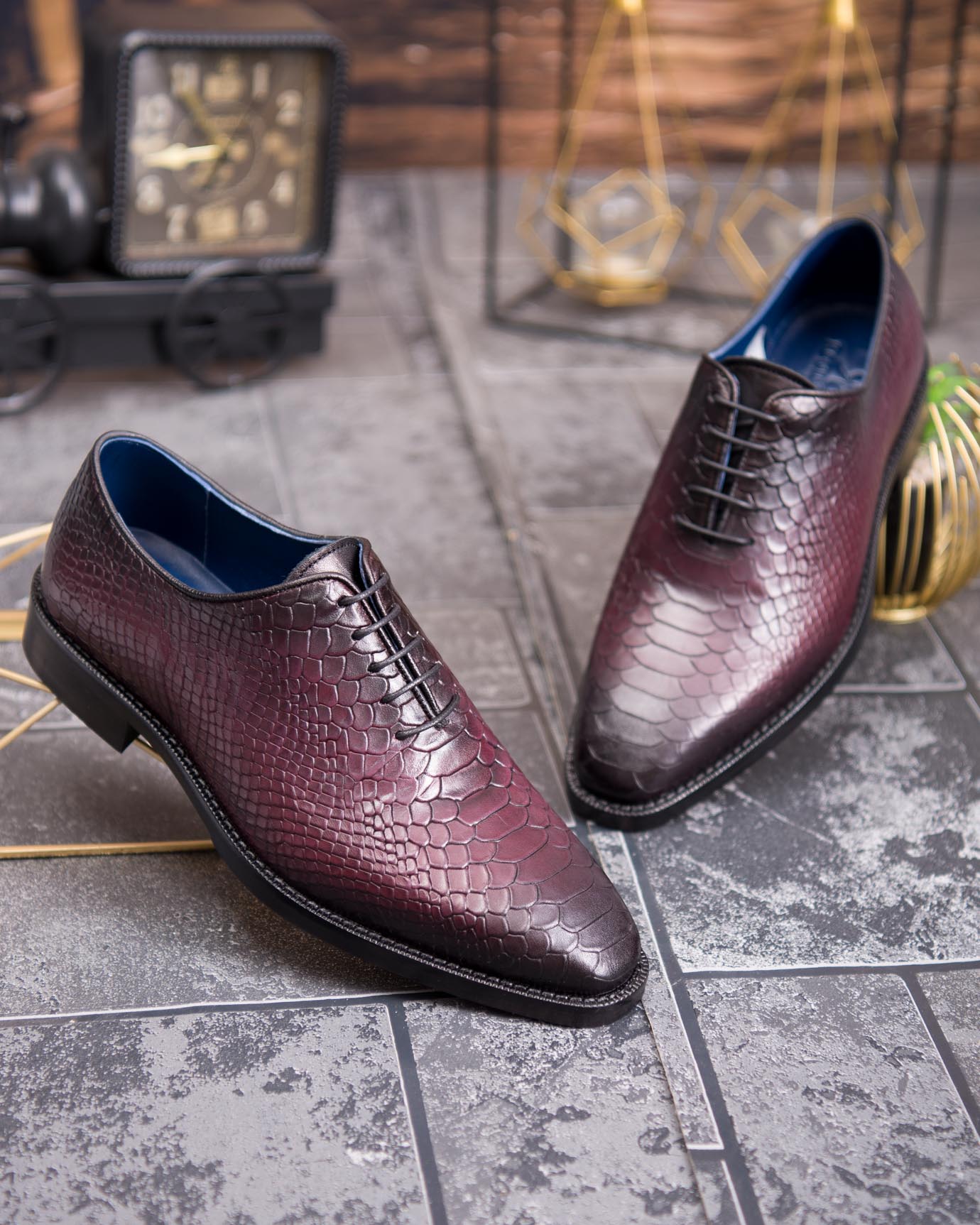 Pantofi de barbati, bordo/negru, din piele naturala cu model croc - P1896 - imagine 7