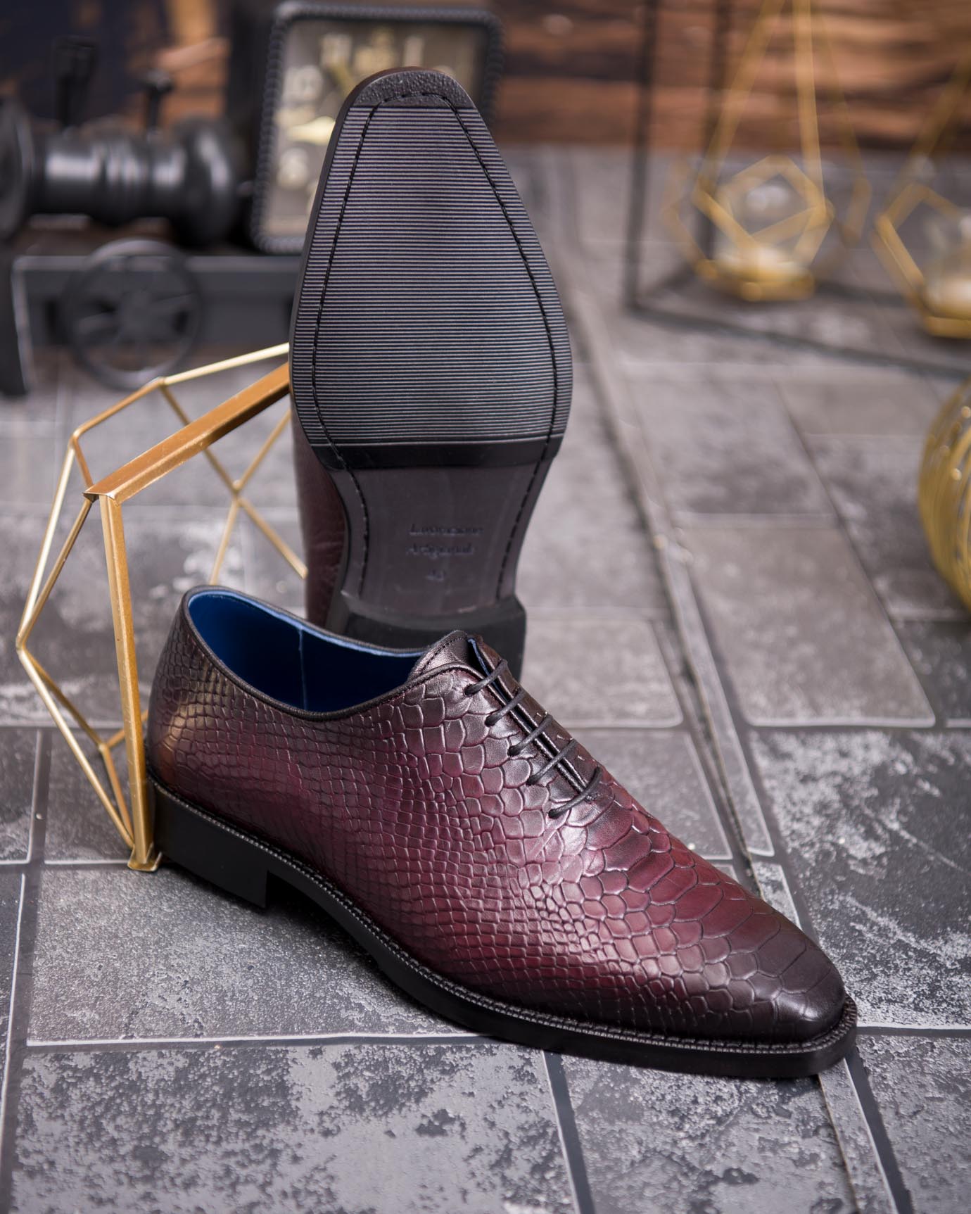 Pantofi de barbati, bordo/negru, din piele naturala cu model croc - P1896 - imagine 6