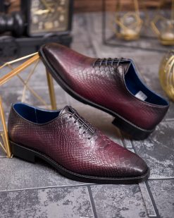 Pantofi de barbati, bordo/negru, din piele naturala cu model croc  - P1896