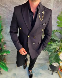 Alternative view of Sacou de barbati, Slim Fit, Blazer, Negru cu butoni metalici aurii - SC53